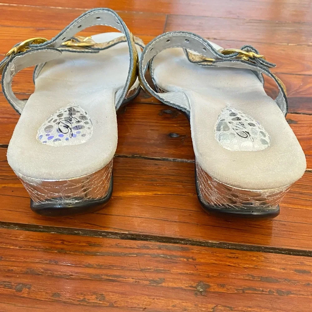 Retro Gold & Silver Wedge Sandals With Buckles Size 11 Made in the USA
